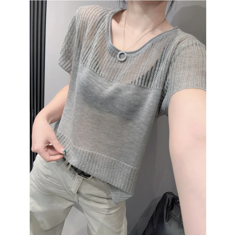欧洲站薄款冰丝针织衫短袖女设计感显瘦宽松微透罩衫叠穿上衣夏季