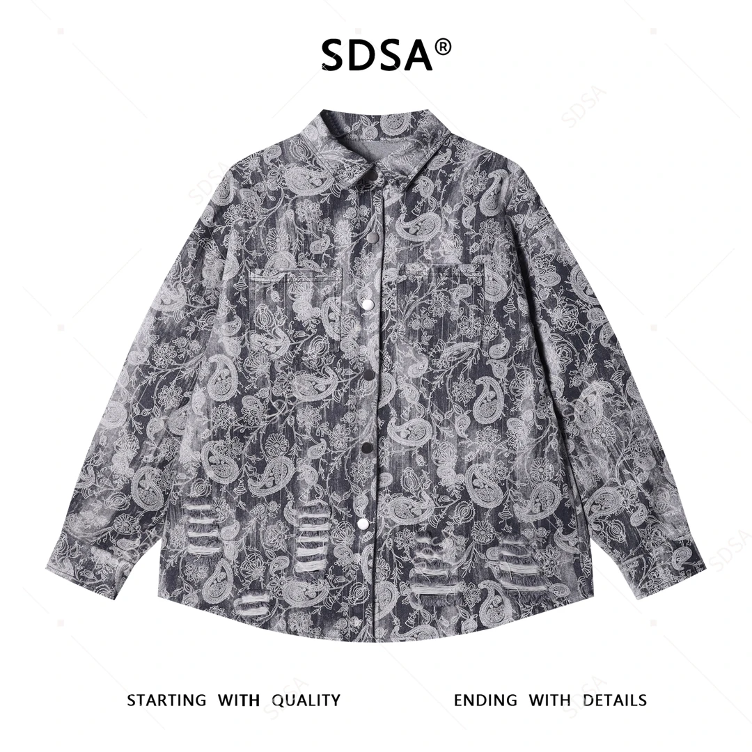 SDSA男士秋冬新款痞帅男装腰果花牛仔翻领长袖村衫磨破设计衬衣