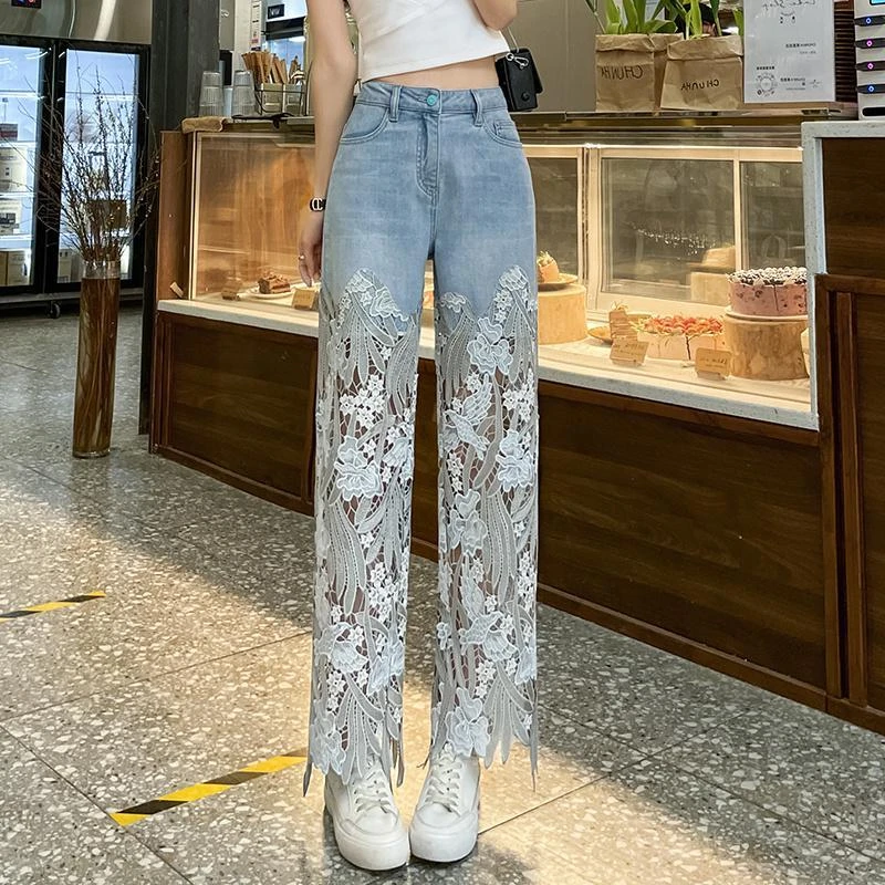 设计感蕾丝拼接小众牛仔裤女2025夏季新款直筒显瘦复古风休闲长裤