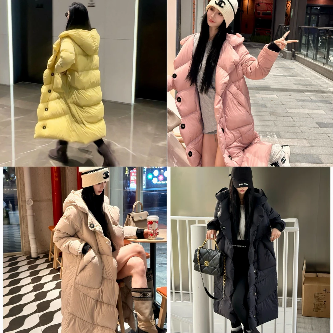 冬季新款过膝时尚简约设计款中长款宽松连帽白鹅绒羽绒服外套女