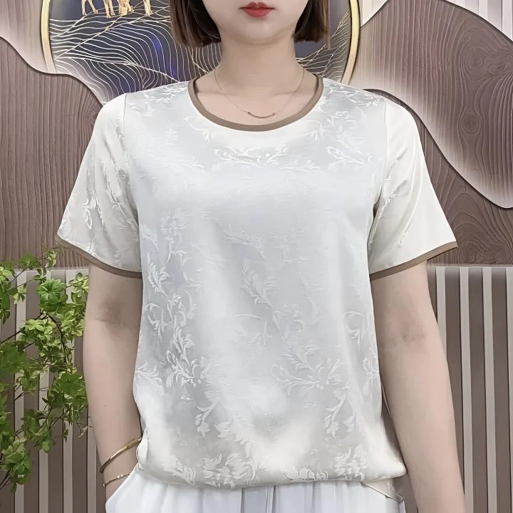 新款宋锦提花缎纯色洋气妈妈装时尚显瘦百搭气质上衣