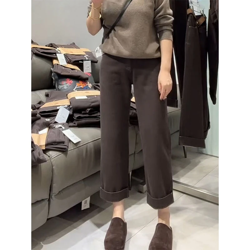 2025秋冬新款咖色加绒保暖牛仔裤女高腰直筒弹力显瘦百搭法棍裤