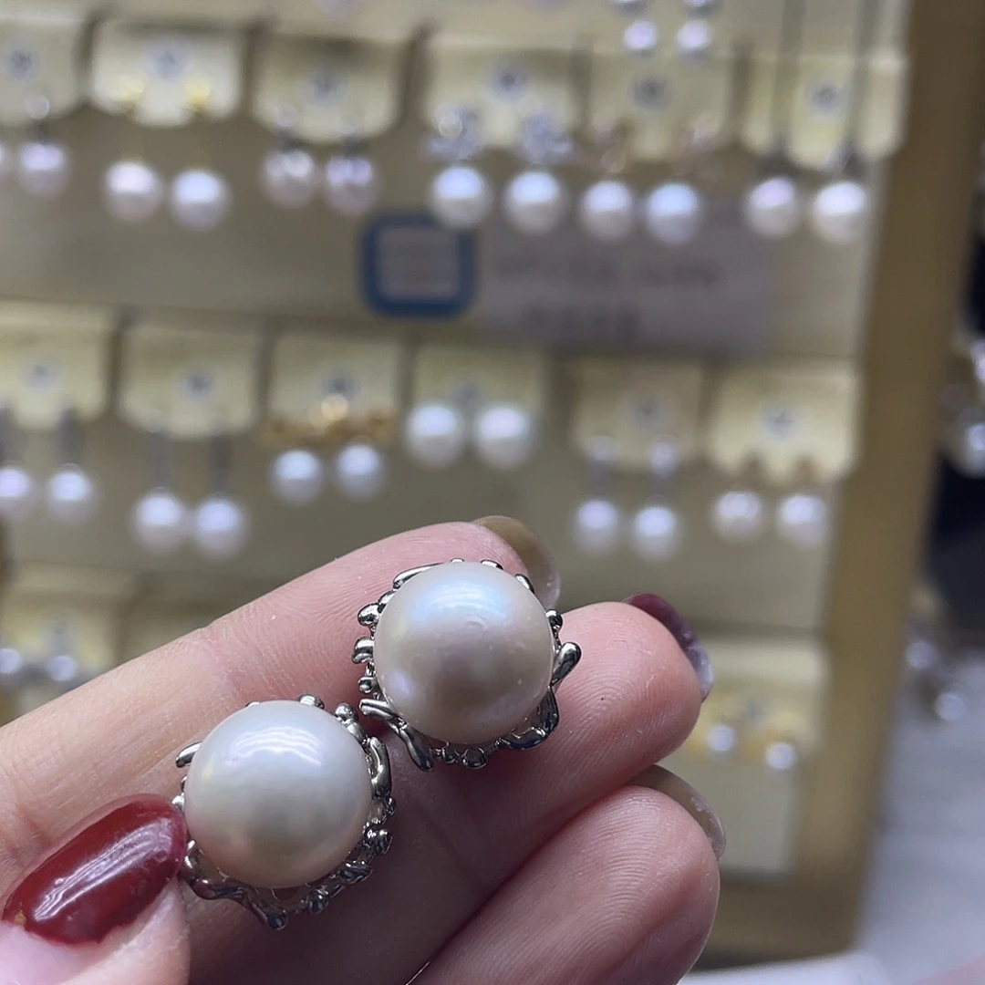 耳饰银S925镶嵌淡水珍珠