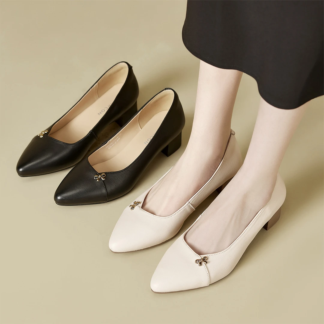 【羊皮大码女鞋35-42码】意尔康25春季浅口软底粗跟百搭舒适女单鞋