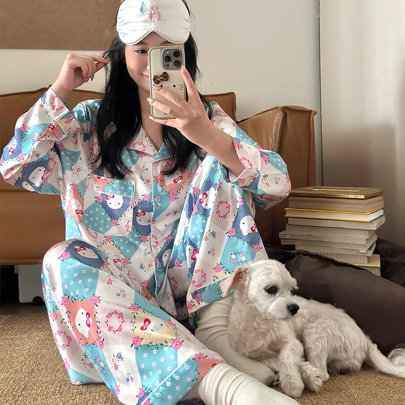 秋季印花长袖长裤睡衣家居服套装卡通韩版网红冰丝高级感大码胖妹