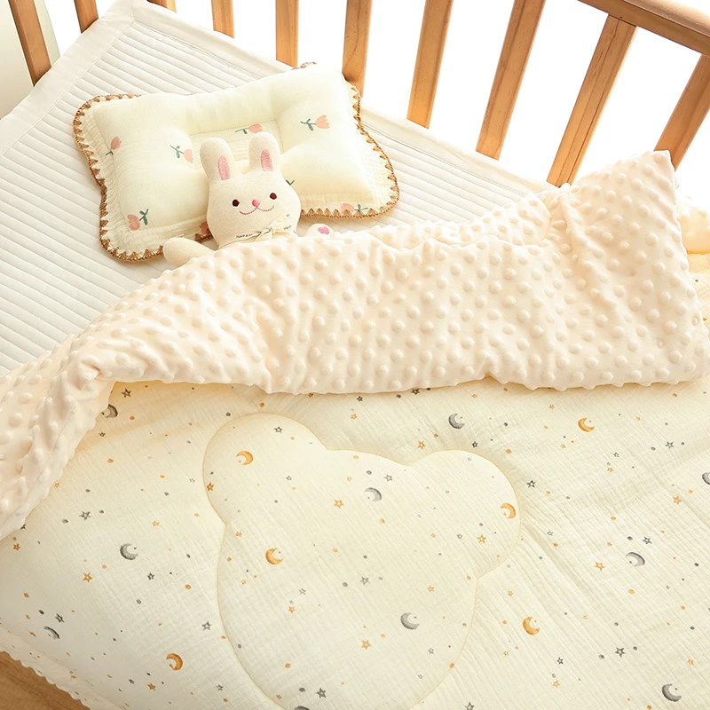 婴儿冬季全棉皱皱纱豆豆毯儿童厚款被子0-2岁秋冬盖毯