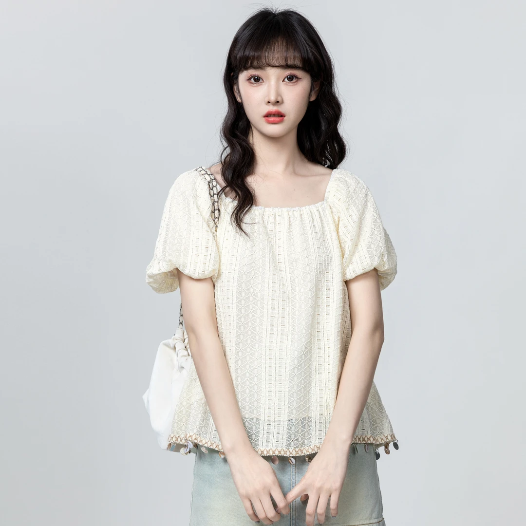 法式方领泡泡袖娃娃衫女2025夏季新款设计感宽松短袖衬衫别致上衣