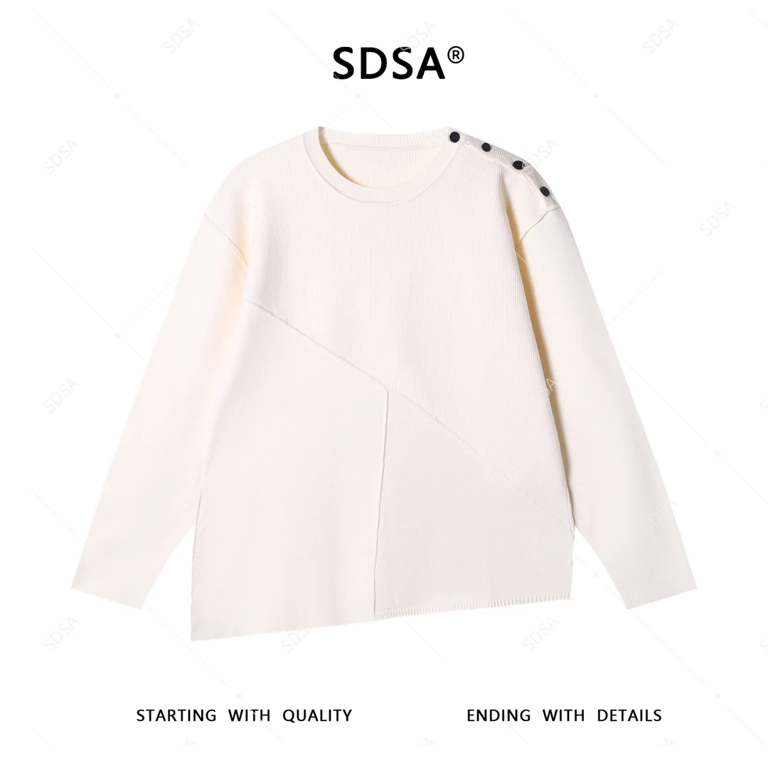 SDSA秋冬新款男士痞帅简约纽扣纯色不规则拼接圆领针织毛衣百搭