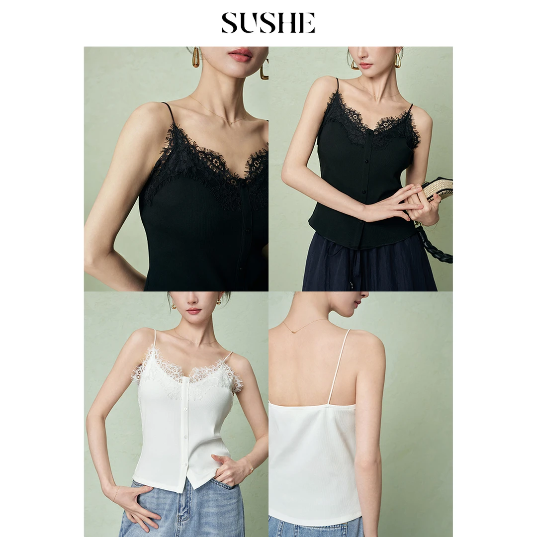 束皙SUSHE 薄蝉 优雅法式长绒棉拼接蕾丝弹力显瘦短款吊带女夏季