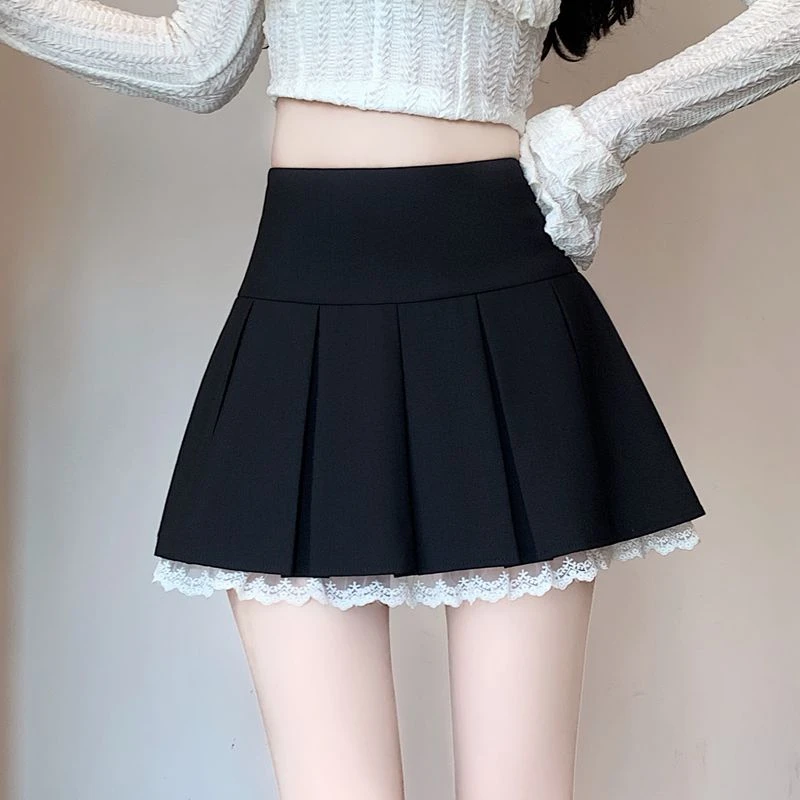 黑色高腰百褶裙韩版时尚蕾丝拼接防走光短裙春夏新款西装A字裙子