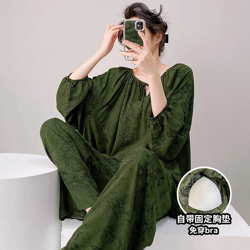 【防凸点带胸垫套装】新款春秋季棉绸宽松大码家居服