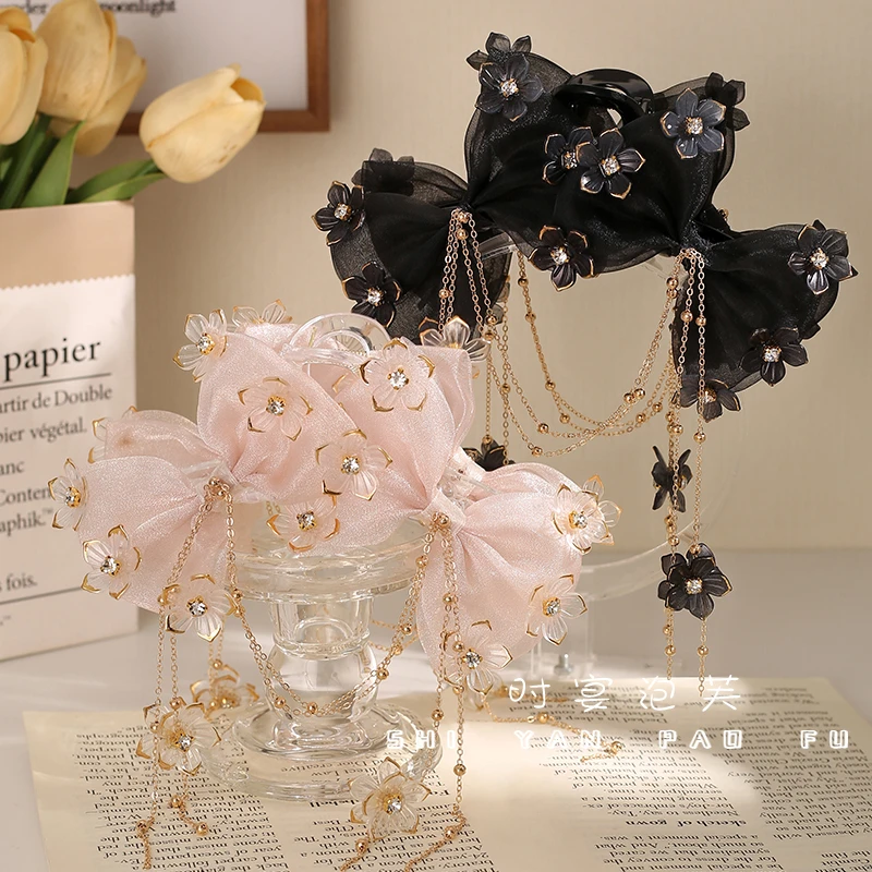 [素锦流年]气质蝴蝶结发夹花朵流苏氛围感抓夹晶晶吊坠发饰鲨鱼夹