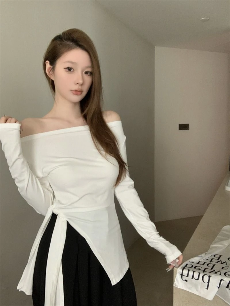 春秋百搭老钱风女装ins斜领T恤韩式绑带开叉不规则时尚洋气休闲服