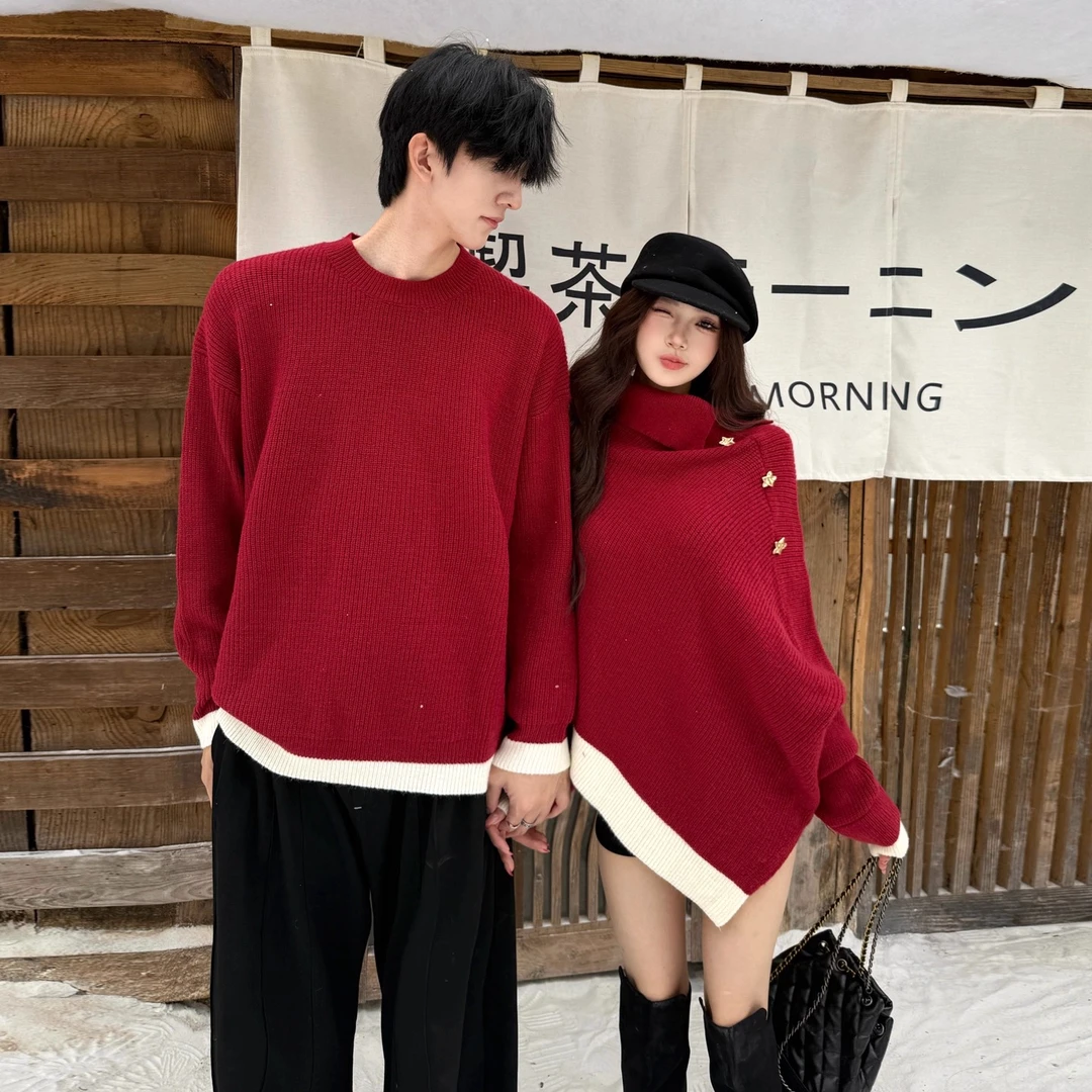 设计感情侣装红色韩系不规则斗篷显瘦宽松毛衣新年圣诞节日针织衫