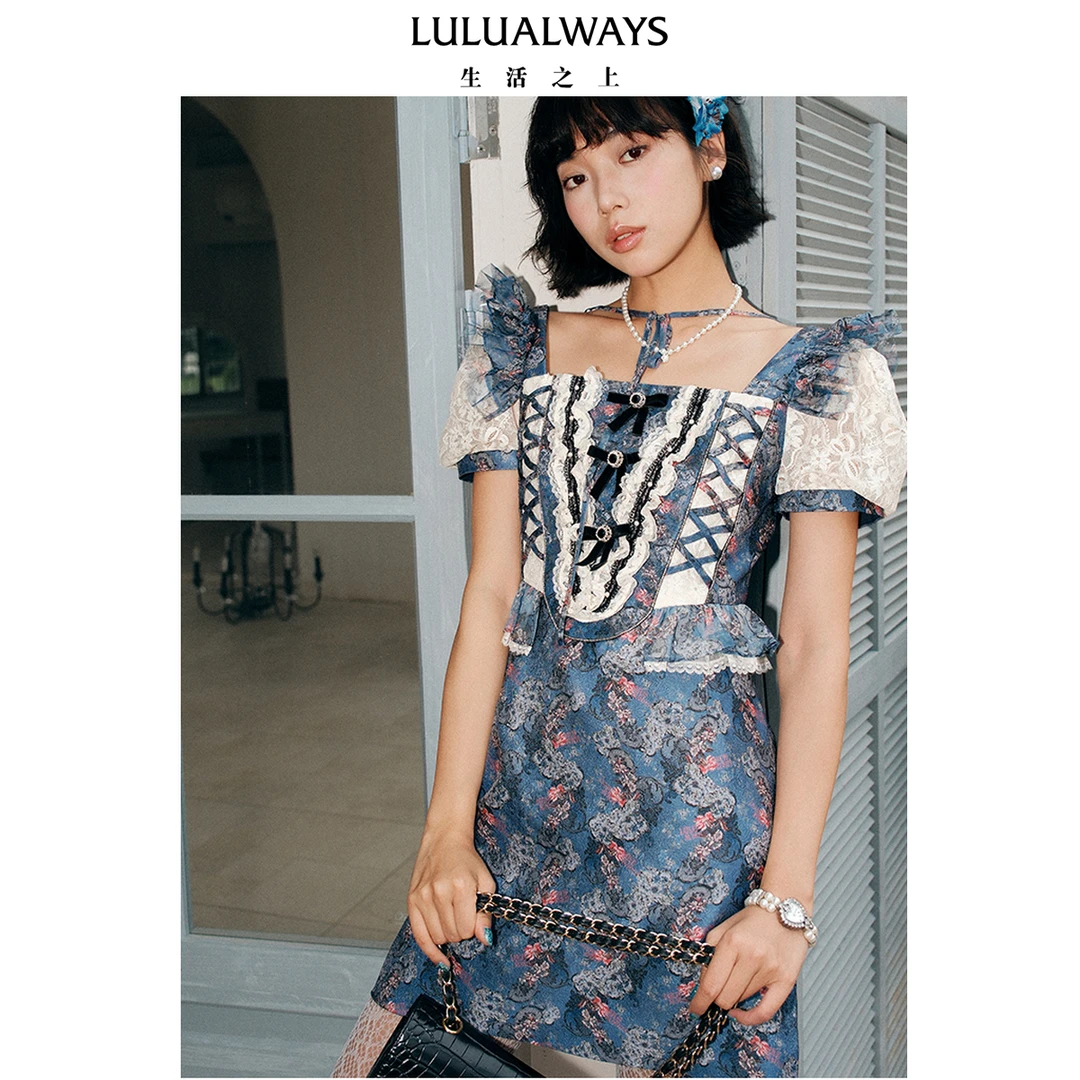 LULUALWAYS【商场同款】25夏季新款典雅温婉设计感方领直筒连衣裙