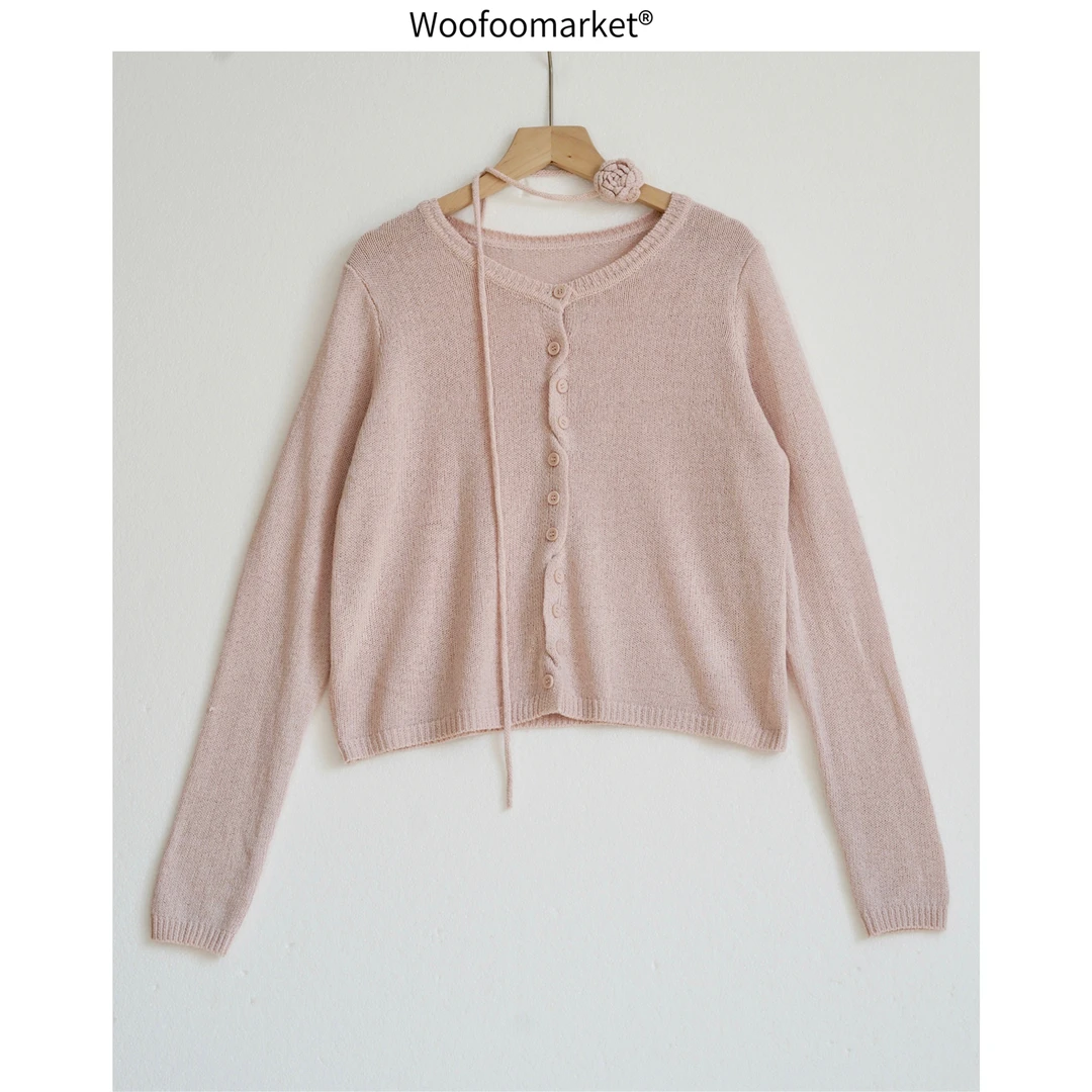 清!【海街日集】山茶花系脖~单排扣门襟长袖开衫女春季 MY493