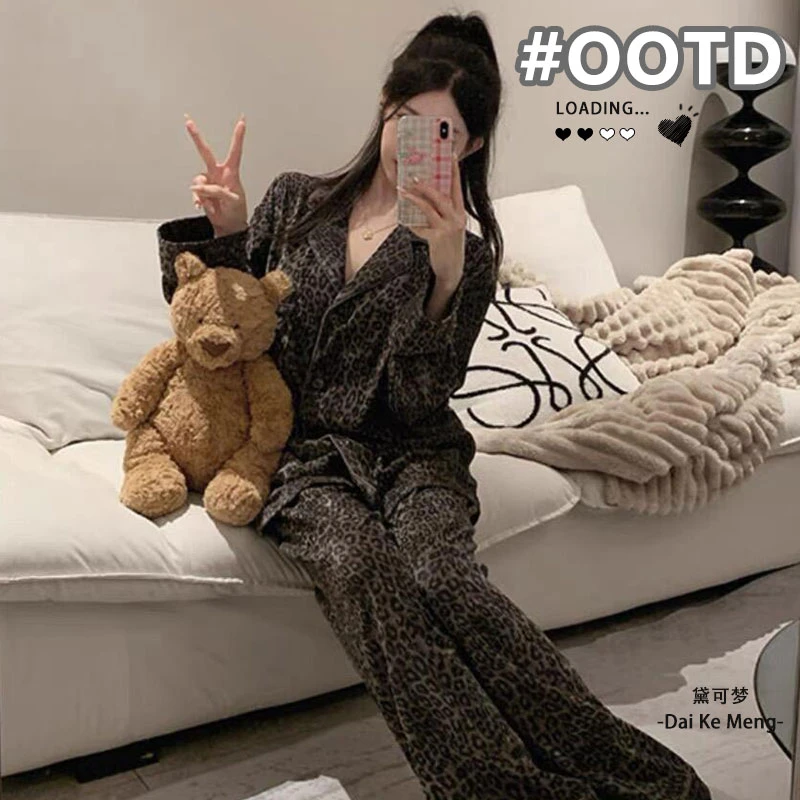 豹纹德绒睡衣女款秋冬季老钱风高级感套装美式复古轻奢气质家居服