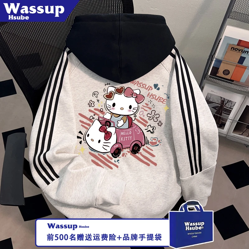 WASSUP HSUBE拉链三条杠卫衣秋冬男女连帽开衫凯蒂猫开车印花外套