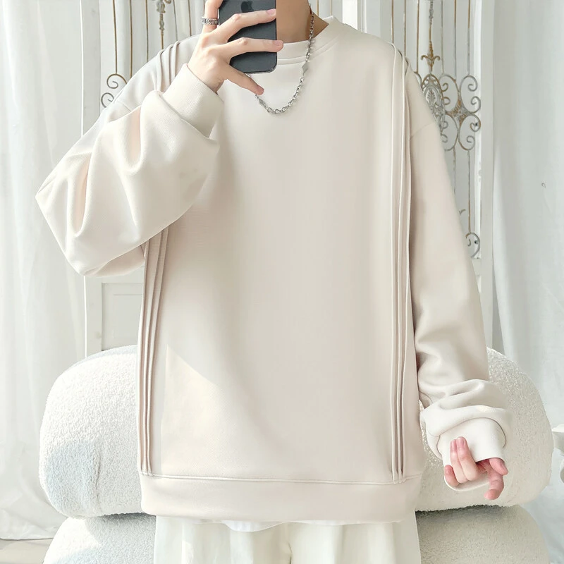 美式褶皱拼接圆领卫衣男士春秋季潮牌设计感上衣高街百搭休闲外套