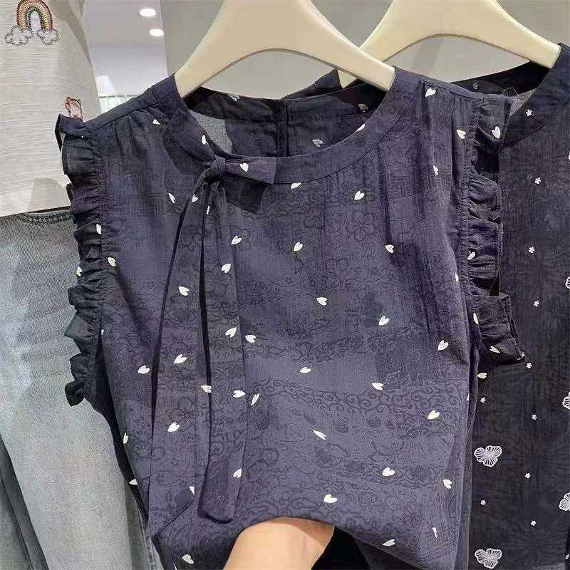 D5297韩系甜美圆领爱心蝴蝶结木耳边无袖衬衫