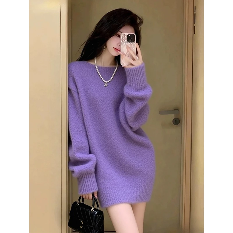 紫色宽松慵懒风毛衣女秋冬2025新款大码胖mm设计感上衣针织打底衫