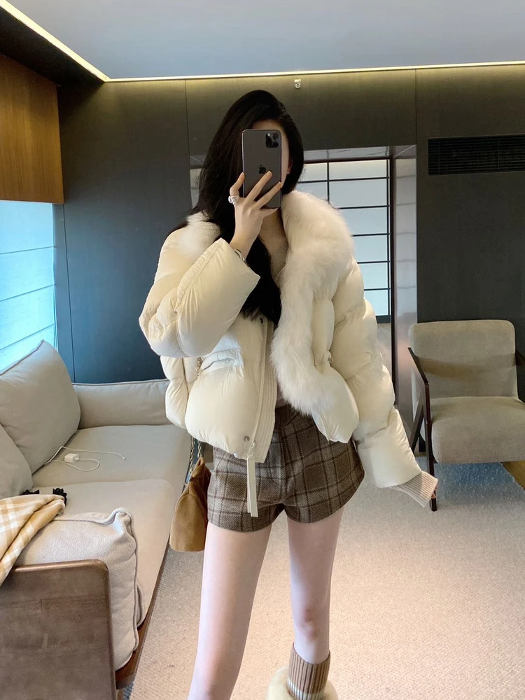 欧洲站毛毛领拼接短款面包服女2025新款高端洋气学院风保暖外套冬