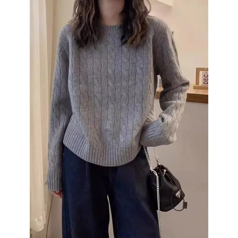 重工麻花针织衫内搭女秋冬新款灰色欧货高端加厚冬季扭花打底毛衣