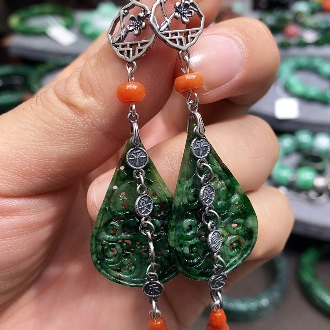 银S925镶嵌翡翠耳饰漂亮美眉