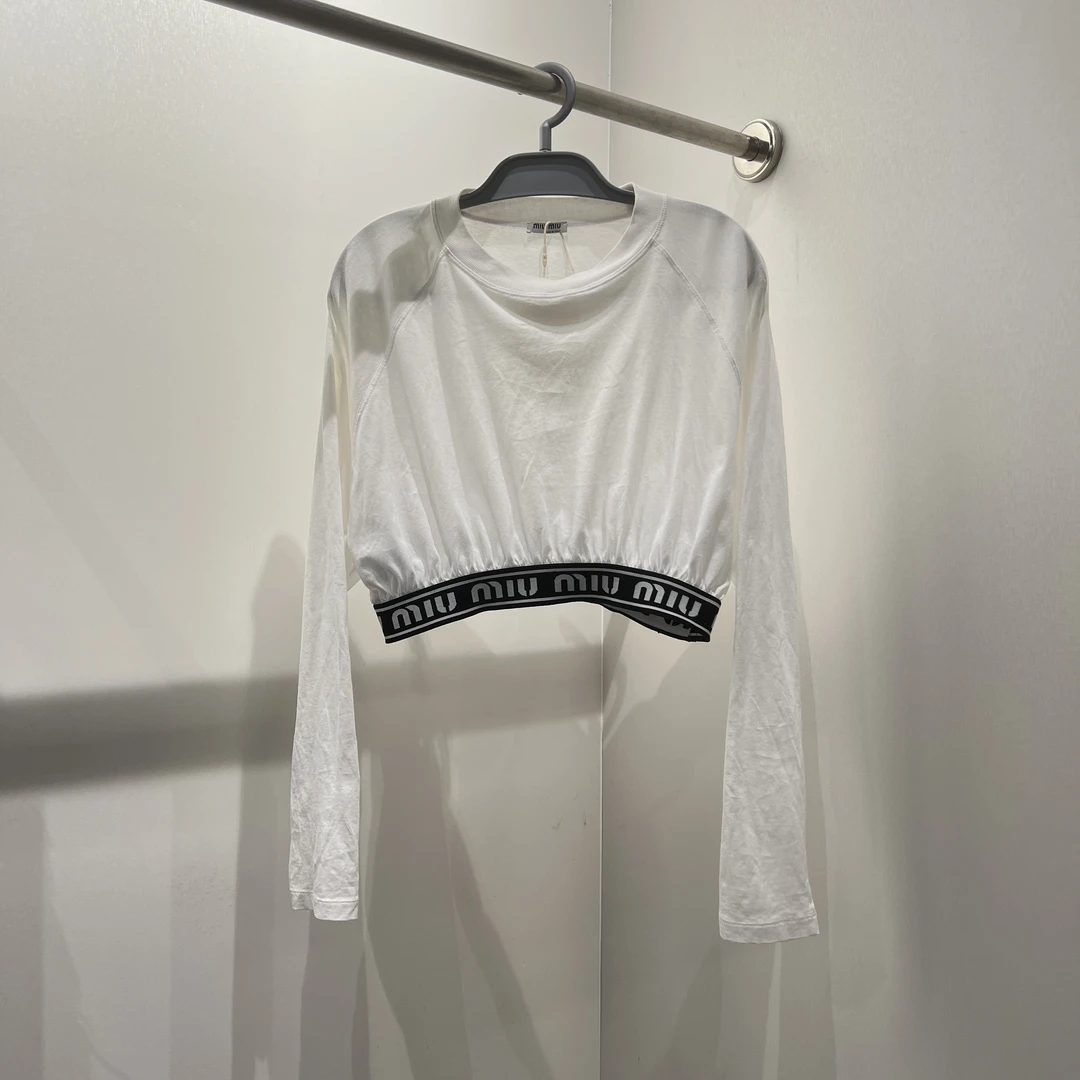 99新 MIU MIU/缪缪 2cc491/白色长袖短款T恤 棉 L码