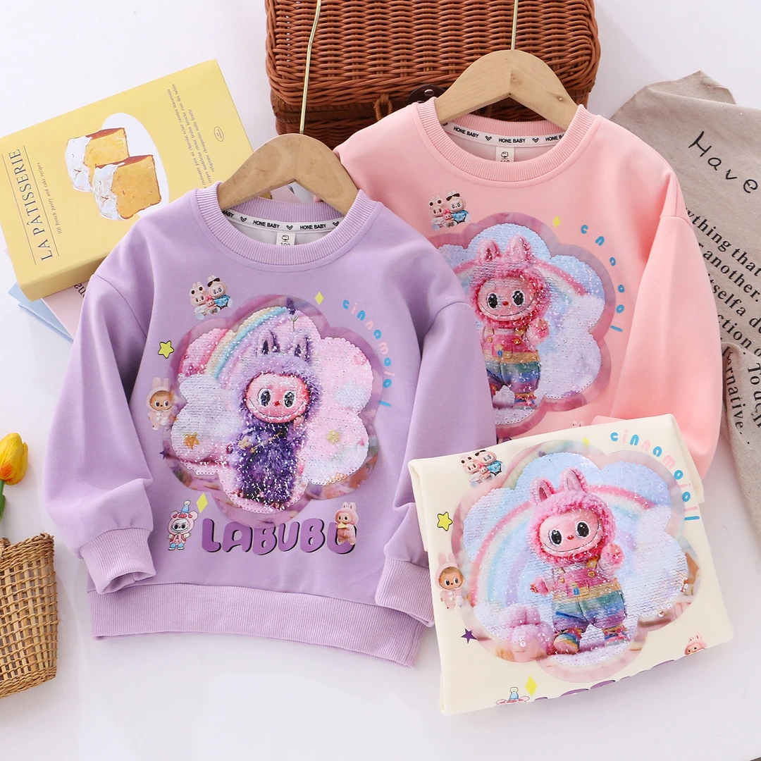 女童亮片卫衣儿童华棉卫衣圆领套头衫上衣女孩子卡通彩虹印花衣服