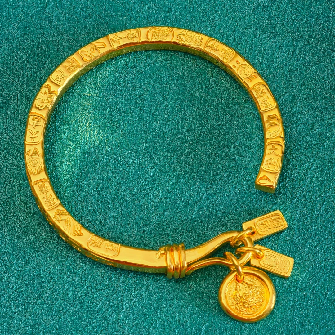 足银手镯 绕丝黄财神方块吉言镯子开口国潮民族风吊坠纯手工錾刻