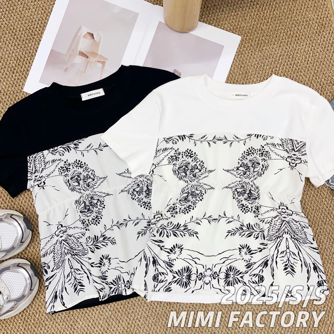 芈芈-2025夏新款欧货印花设计假两件T恤女修身显瘦时尚上衣4335#
