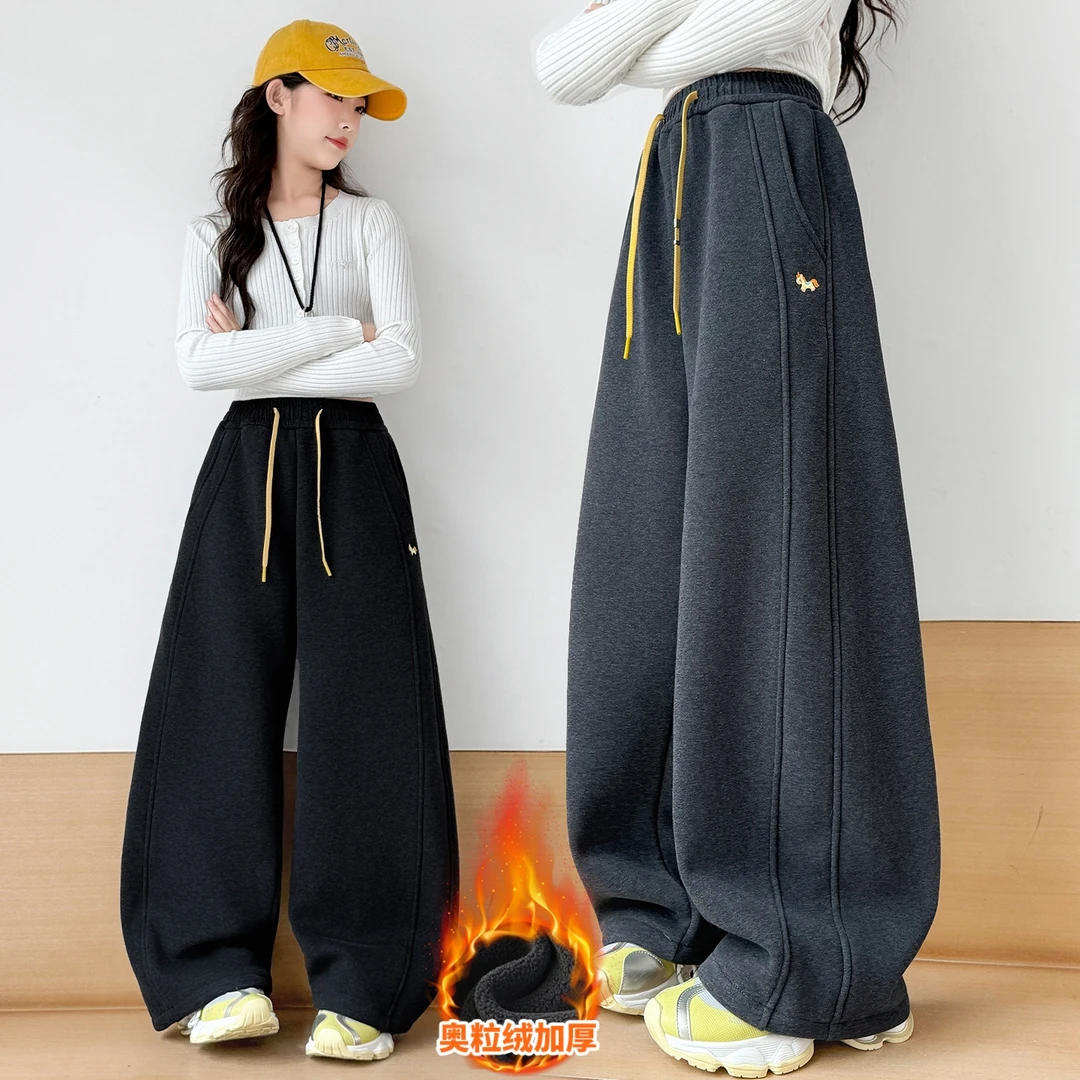 女童加绒阔腿裤秋冬款6-12岁女大童洋气休闲裤儿童冬季加厚卫裤潮