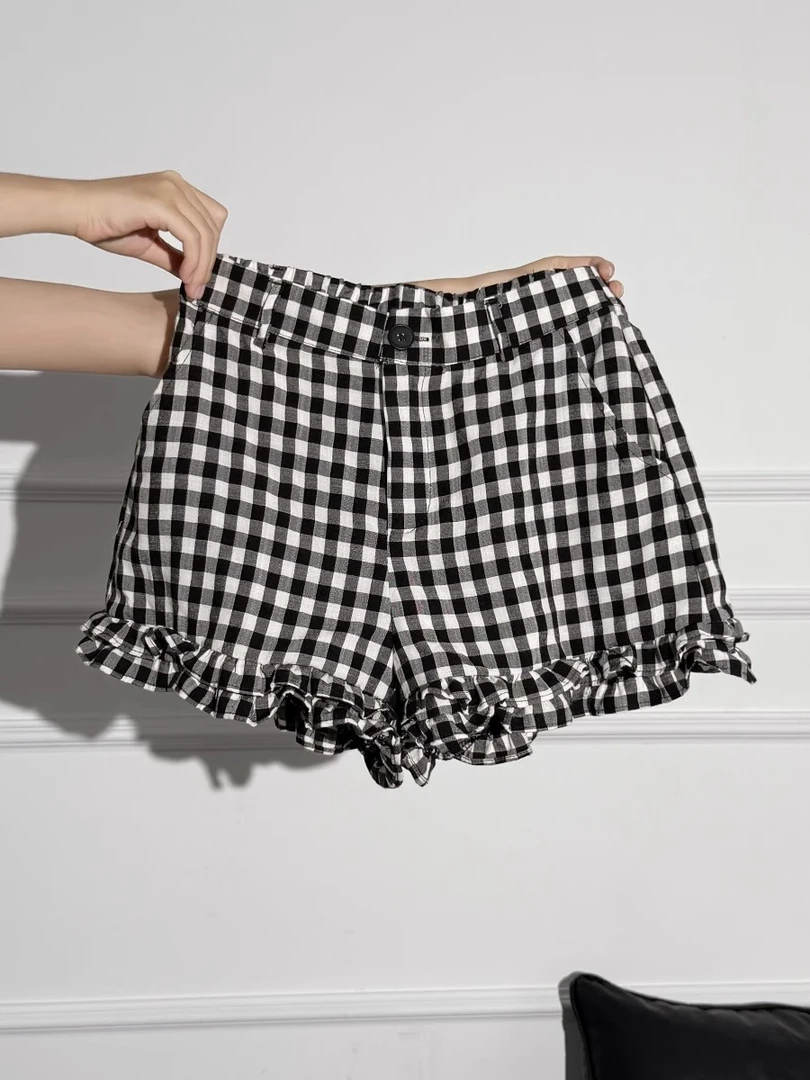 Aiyazhe  黑白格子慵懒风休闲裤女夏季木耳边高腰直筒宽松阔腿裤