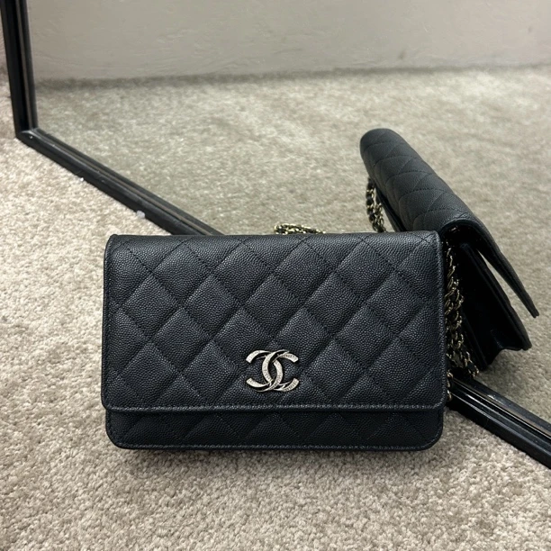 99新 Chanel/香奈儿 23s黑金荔枝纹牛皮水钻woc