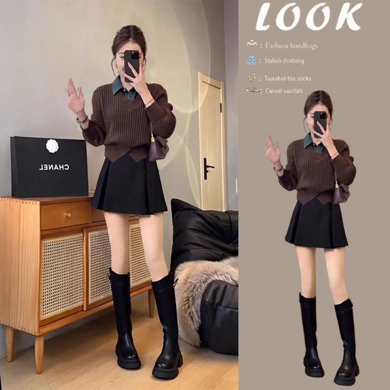 韩系穿搭一整套女2025春季新款港式高档拼接上衣高腰半身裙两件套