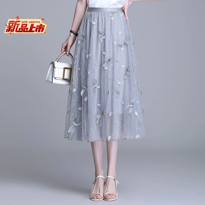 哥弟阿玛施正刺绣网纱半身裙女夏季高腰显瘦收腹a字裙雪纺仙女裙