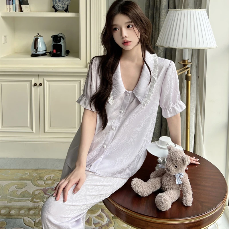 睡衣女夏天冰雪丝法式轻奢短袖显瘦气质甜美蕾丝宫廷风家居服套装