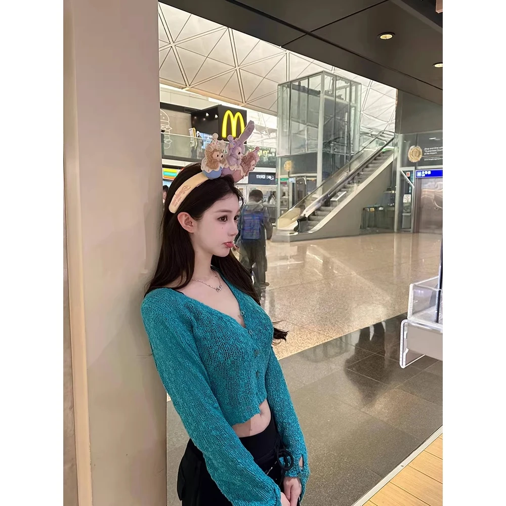 秋季新款修身绿色短款针织开衫女显白镂空肌理感长袖上衣