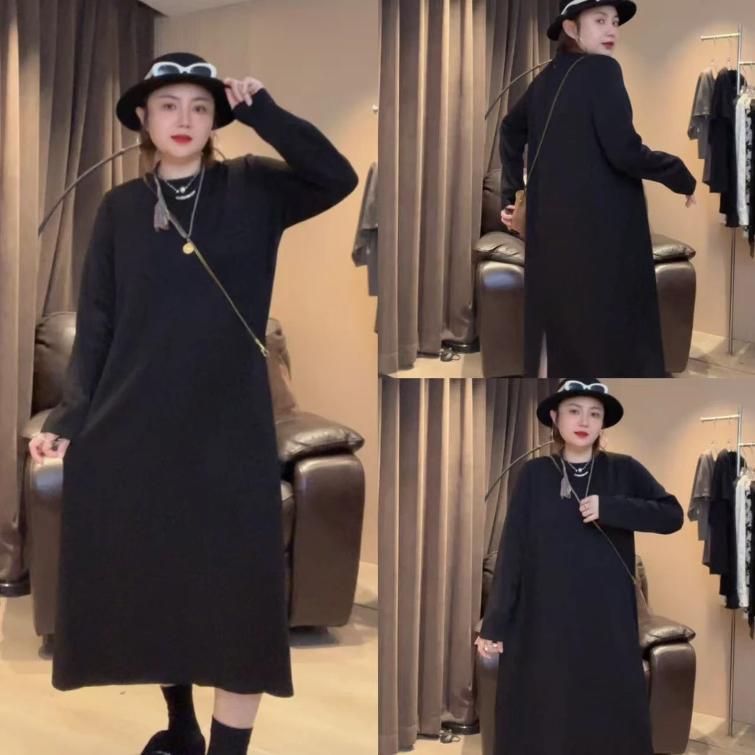 1618#净版开叉厚料新款自制小黑裙（卡码拍大）
