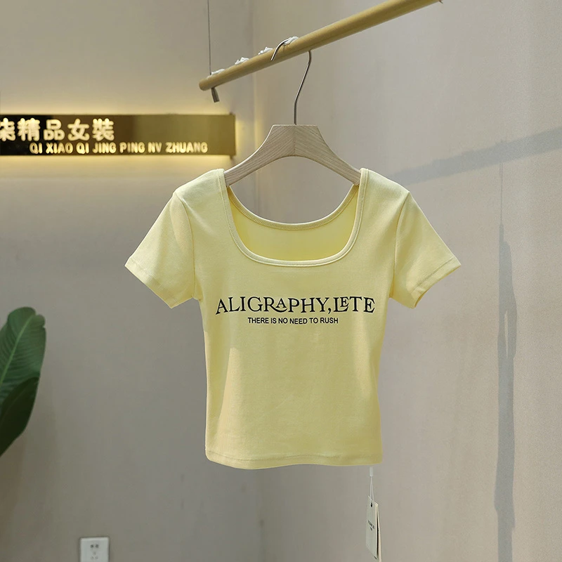 夏季新款时尚方领辣妹风小个子短款字母印花修身显瘦短袖T恤女潮