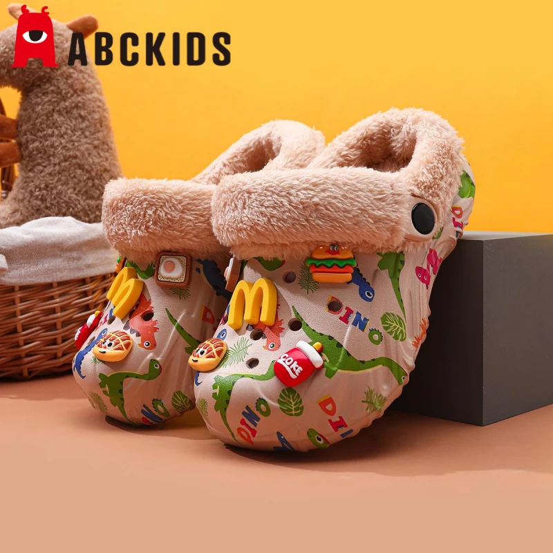 儿童棉拖鞋男童毛毛拖鞋秋冬新款保暖洞洞鞋室内居家男孩防滑软底