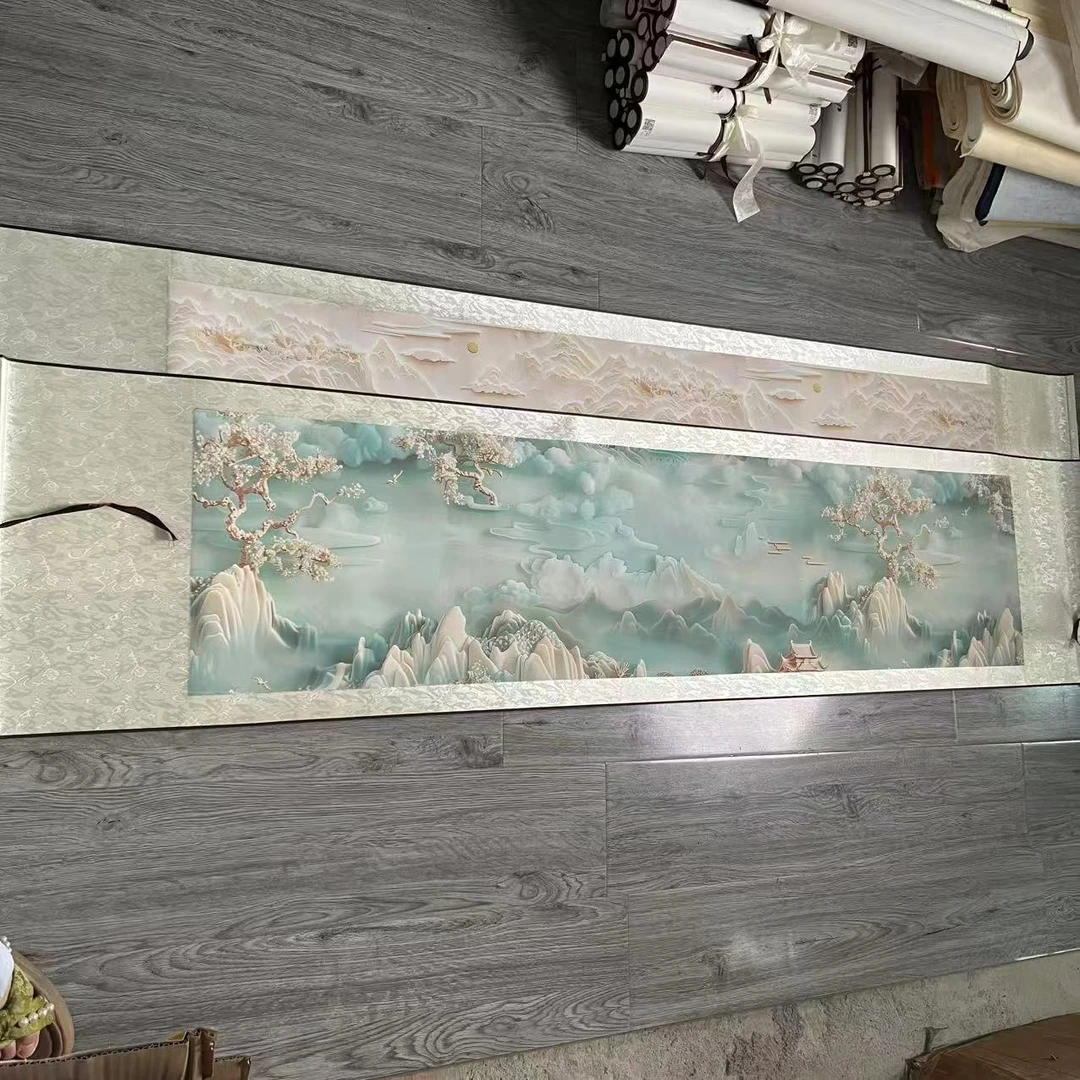 【3D款山水横幅】四尺对开立体感蜡染半生半熟宣纸卷轴绿色山峦长卷