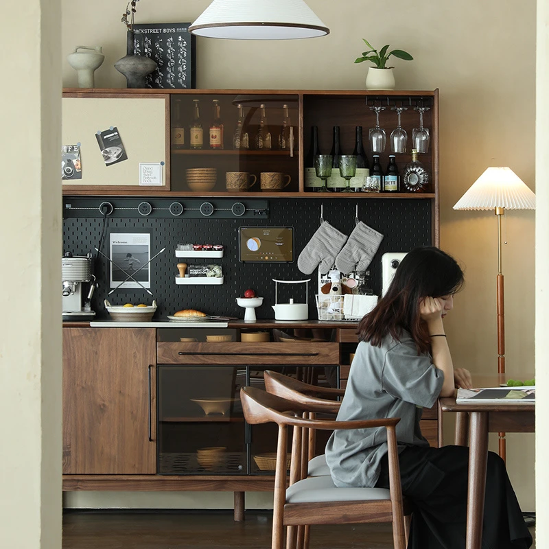 逸轩木业黑胡桃木餐边柜一体靠墙高柜家用客厅实木酒柜储物展示柜