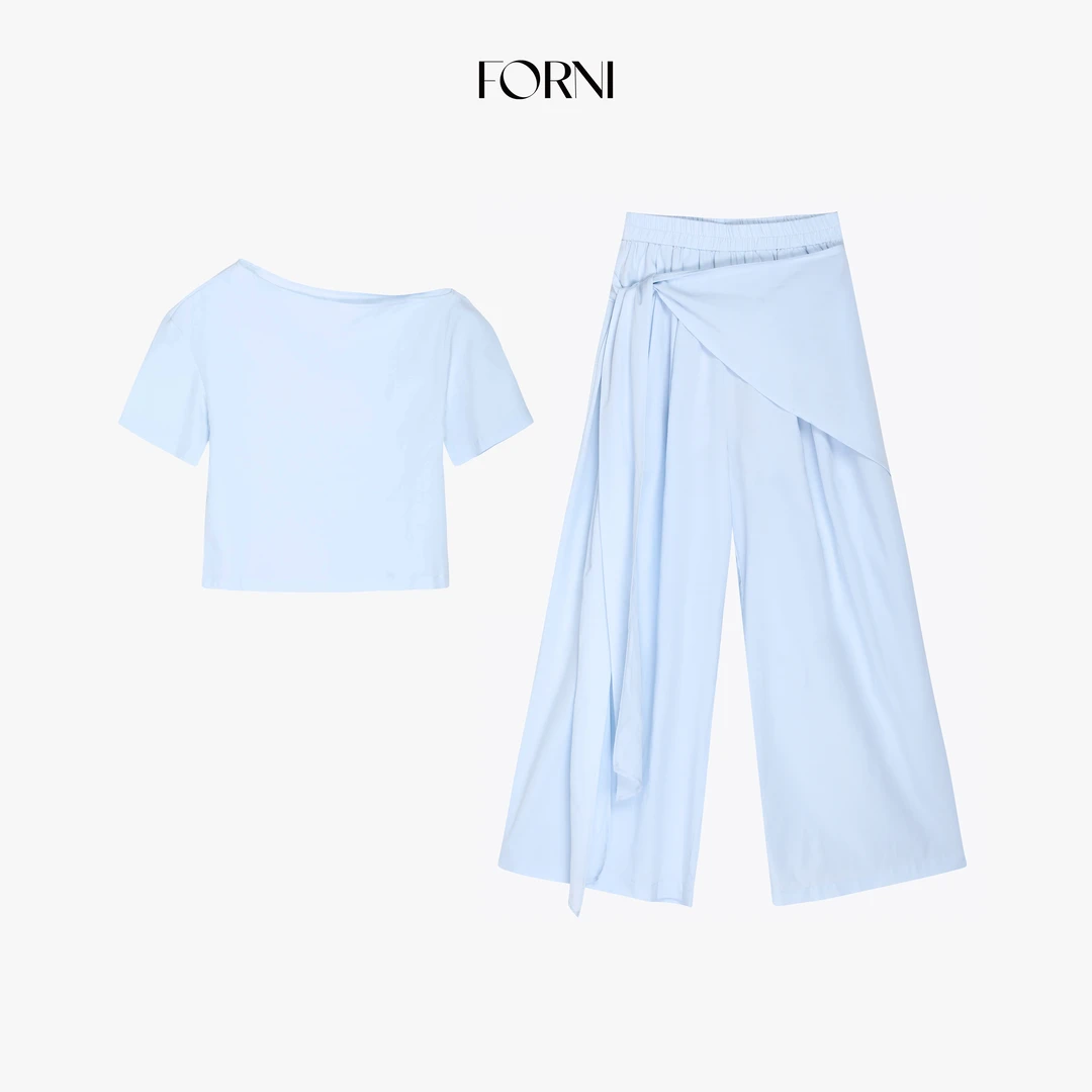 FORNI 马德里假日 新疆棉斜肩一字领短袖不规则系带长裤套装