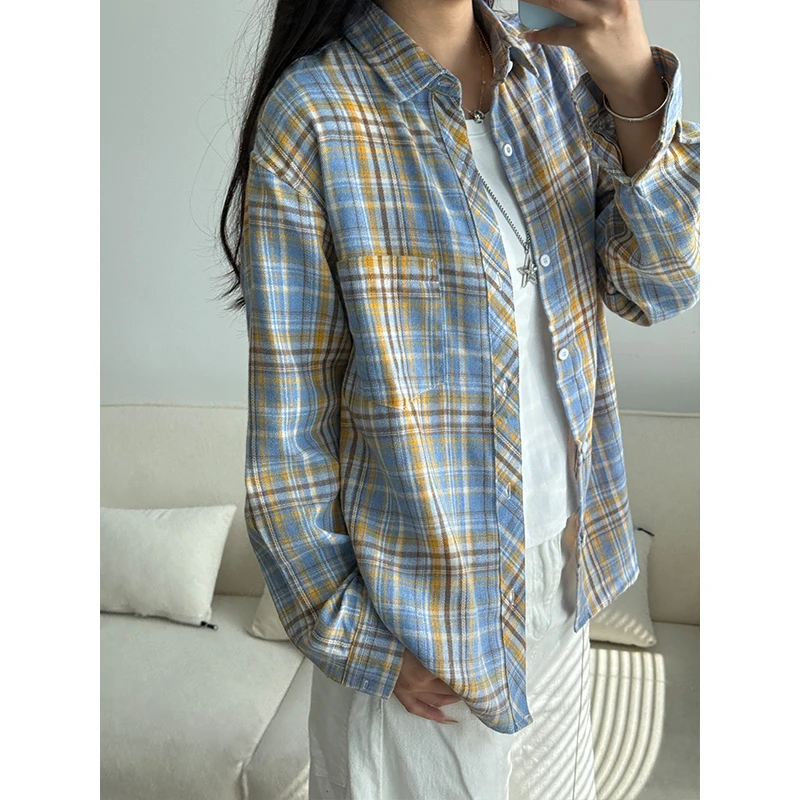 美式休闲格子衬衫男女款秋季高级感条纹衬衣长袖百搭港风上衣外套