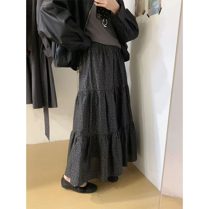 韩版秋季时尚褶皱黑色半裙子女高腰显瘦复古百搭秋冬中长款A字裙