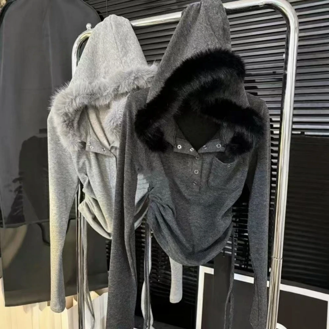 Manmi   可拆毛领抽褶收腰双面绒打底帽衫  1666（C2）