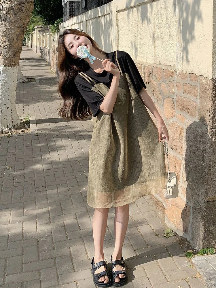 网纱拼接假两件吊带连衣裙女夏2025新款小个子韩版宽松休闲T恤裙