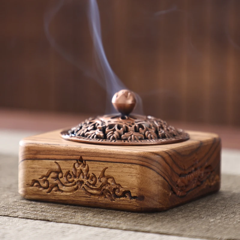 异丽柚木香炉盘托家用中式香薰镂空带盖实木沉香檀香蚊香线香插